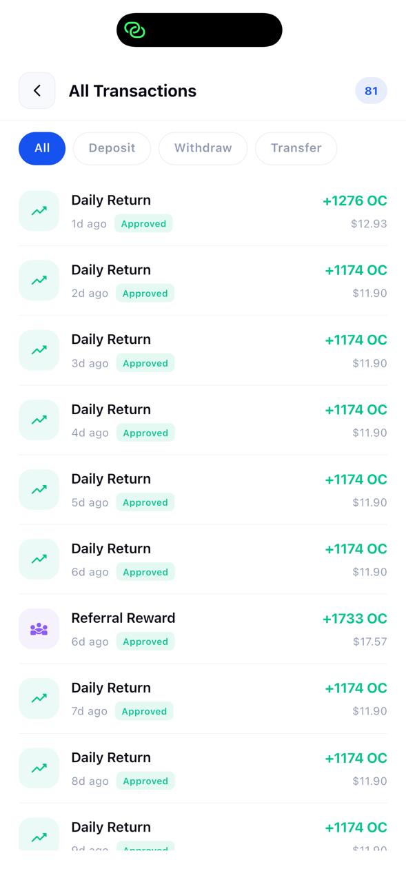 Onmo Coin transactions screen showing daily returns